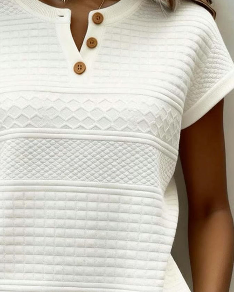 Mirella | Short Sleeve V-Neck Buttoned T-Shirt with Cable Pattern