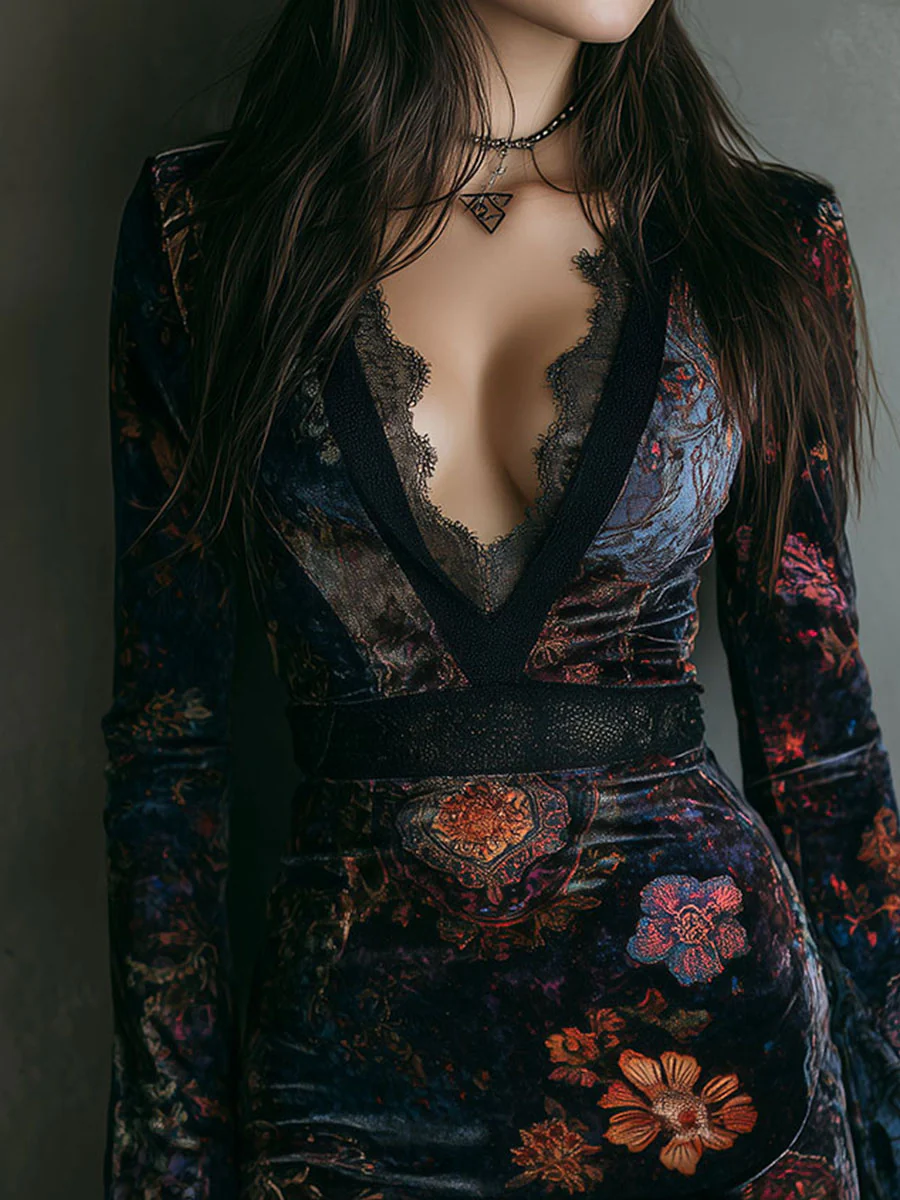 Liora ❘ Floral Velvet Mini Dress with Lace