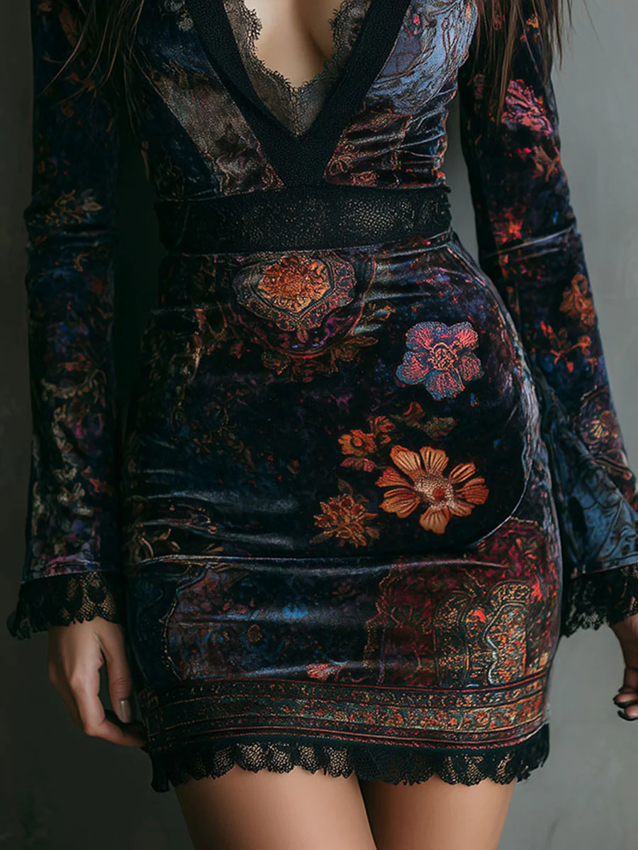 Liora ❘ Floral Velvet Mini Dress with Lace