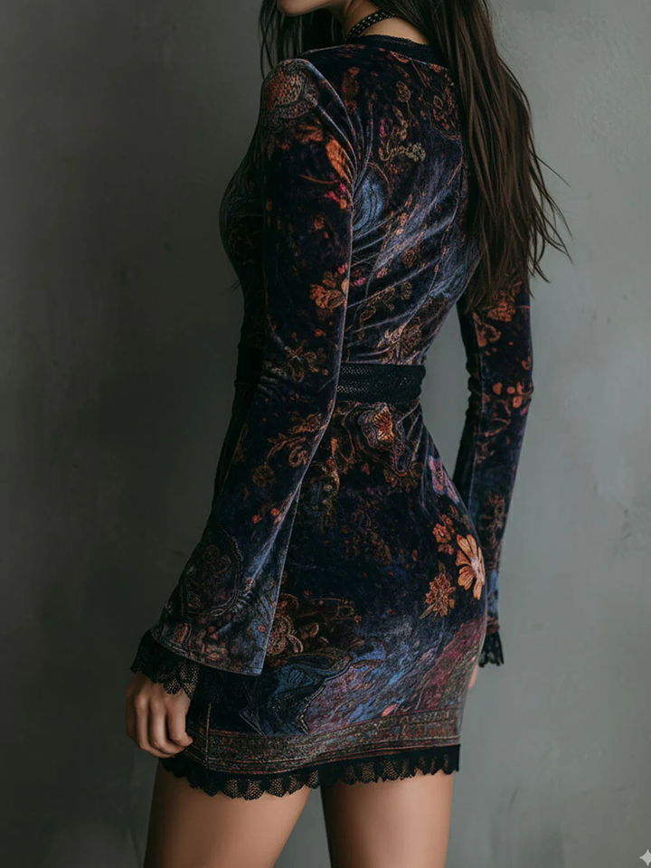 Liora ❘ Floral Velvet Mini Dress with Lace